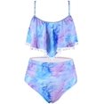 thumbnail image 2 of Women High Waisted Bikini Ruffle Swimsuit Flounce Pom Pom Trim Two Piece Bathing Suit Purple&blue (L, 2 of 8