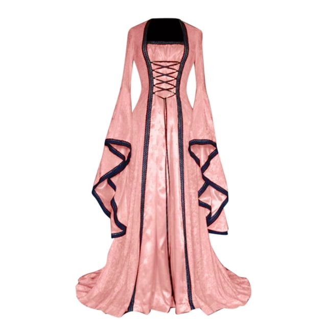 SHOPESSA Costumes d'Halloween pour Femmes Style Rétro Couleur Unie Manches Trompette Robe Maxi de Princesse