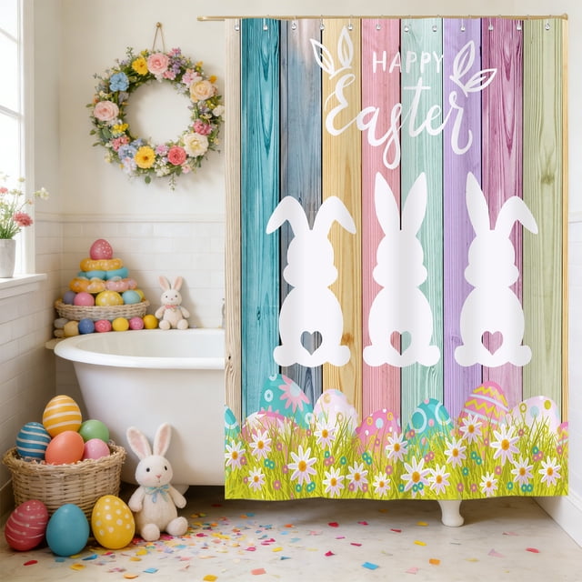 CaiYueKe Rideau de Douche de Pâques Imperméable en Polyester avec 12 Crochets - Ensemble de Linge de Salle de Bain Style Hôtel, Tissu Résistant à l'Eau Durable Installation Facile Sans Perçage Déco de Salle de Bain