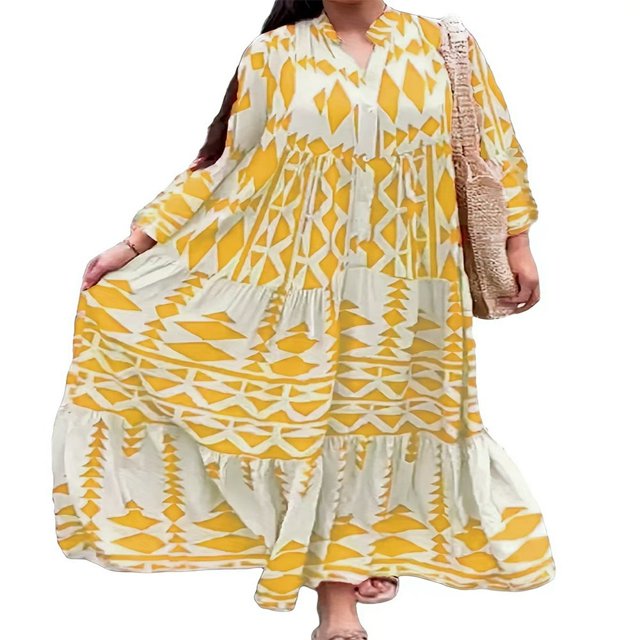 Robe Longue pour Femmes Manches Longues Boutonnée Imprimé Géométrique Robe Bohème