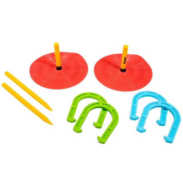 Franklin Sports Model #51771K2 Kids Horseshoe Set featuring two red disc bases with yellow stakes, two yellow traditional stakes for outdoor use, two green horseshoes, and two blue horseshoes made from soft, durable materials suitable for indoor and outdoor lawn games.