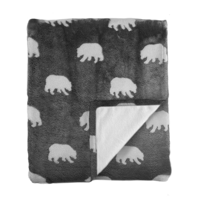 Johnson Home Couverture Peluche en Polyester 450 G/m2 Pliée avec un Fond Gris Foncé et des silhouettes d'Ours Blanc, Montrant un Coin Retourné pour Révéler un Dessous Blanc Doux, Fabriquée en Polyester Respirant et Résistant aux Plis pour une Chaleur Douillette et durable Idéale pour une Utilisation Toute l'Année.