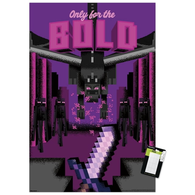 Minecraft : Discover - Seulement pour l'Affiche Murale Audacieuse, 14,725 Po x 22,375 Po Encadrée, Représentant un art pixel d'Un Grand dragon Noir et de Cinq Endermen Entourant une Épée Pixélisée dans une Scène Minecraft aux Teintes Violettes avec Texte Rose Audacieux « Uniquement pour les Audacieux » en Haut, Convient à la Déco de Salle de Jeux Ou à la Décoration de Fête à Thème.