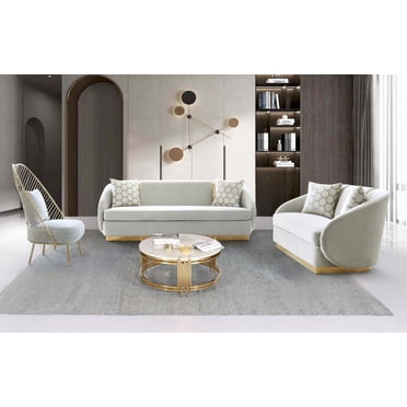 K-Living Penelope Plush Velvet Sofa In Grey With Gold Accent And Throw Pillows