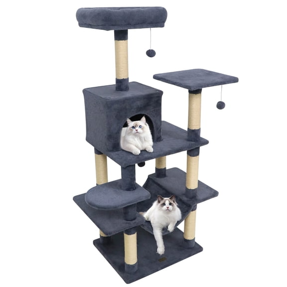 Costway Arbre à Chat à Plusieurs Niveaux de 58 Pouces de Hauteur avec Perchoir Rembourré et Condo pour Chat, Hamac Confortable Gris Foncé