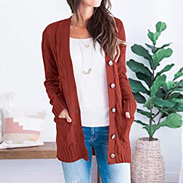 TIMIFIS Womens Open Front Knit Cardigan Long Sleeve Oversized Sweater Chunky Cable Boho Pockets Coat-RedFall/Winter