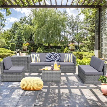 Gymax 8pcs Gray Rattan Wicker Set Cushioned Sectional Sofa Patio Home
