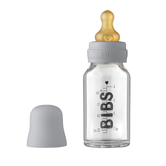 BIBS Biberon en Verre pour Bébé. Anti-Colique. Tétine Ronde en Latex de Caoutchouc Naturel. Favorise l'Allaitement Naturel, 110 ml, Nuage