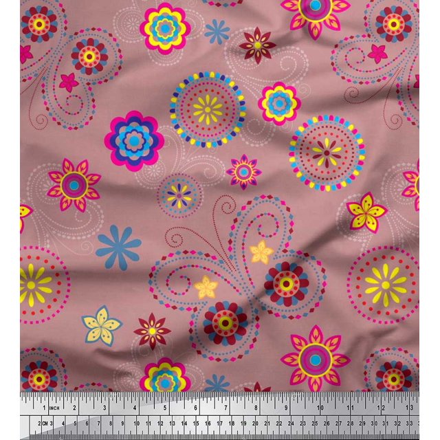 Soimoi Pink Polyester Crepe Fabric Insect & Floral Clip Art Print Fabric by The Yard 42 Inch Wide