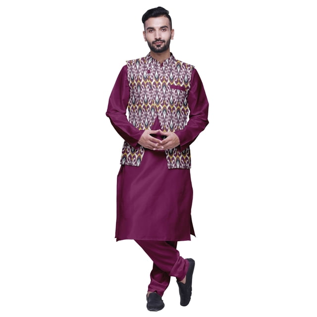 Atasi Indian Long Kurta Men Solid Kurta Pajama With Printed Nehru Jacket Set