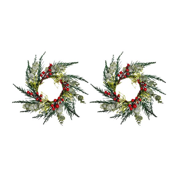 2Pcs 8" 2 Pack Frosted Eucalyptus Wreath, Christmas Artificial Berries Candle Ring Wreath Mini Red Berries Garland Xmas Candlestick Holder Christmas Candle Holder for Xmas Party Decoration, Green