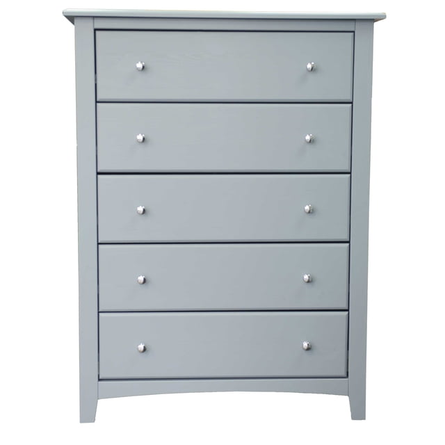 Solid Wood Five Drawer Chest in grey finish, featuring a sturdy solid wood construction with five spacious drawers. Each drawer includes round metal knobs, full extension slides, and a pull-out stop for smooth and quiet operation. The chest measures 18 inches deep, 33 inches wide, and 44 inches high, with each drawer offering an internal size of 13 inches deep, 24 inches wide, and 6 inches high, capable of holding up to 11 pounds. Ideal for bedroom storage and organization.