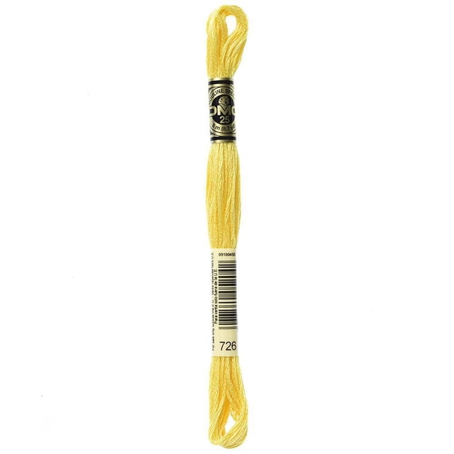 DMC Yellow Cotton 6 Strand Floss 8m skein in bright yellow, made from 100% long staple Egyptian cotton with a glossy finish, featuring a black and gold label with size 25 and color code 726, ideal for cross-stitch, embroidery, needlepoint, smocking, and scrapbooking projects.