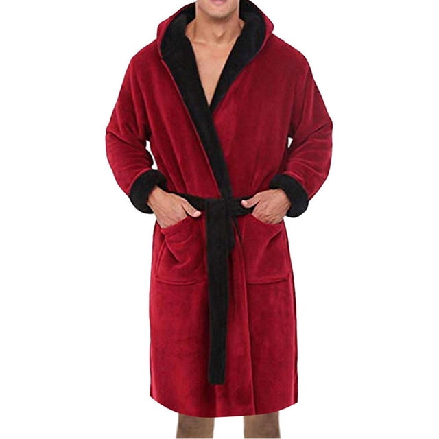 Innerwin Bath Robes Hoodie Men's Wrap Robe Winter Long Sleeve Soft Dressing Gown Red Black M
