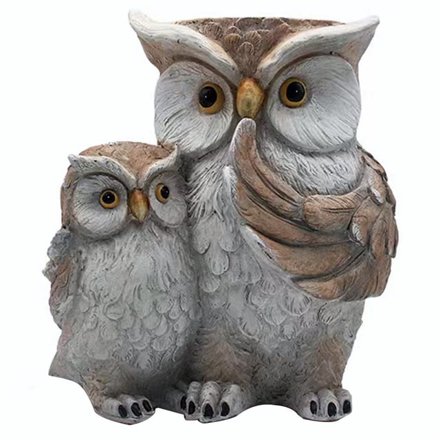 Angelo Décor 14-inch Owl Duo Planter with two owls in textured grey and brown NuCrete, designed as a garden statue and outdoor decor accent for patios, walkways, and decks.