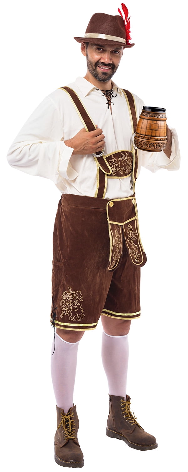 Costume Bavarois 2 pièces Homme, Tenue Oktoberfest Allemande, Lederhosen Bavarois Traditionnel avec Chemise à Carreaux, Déguisement Traditionnel Bavarois, Costume de fête de la bière, Carnaval