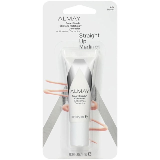 Almay Smart Shade Skintone Matching™ Concealer in a white and silver 11 ml tube with black text, packaged on a white card with silver geometric and peach swirl accents, labeled Straight Up Medium shade 030 for face coverage.