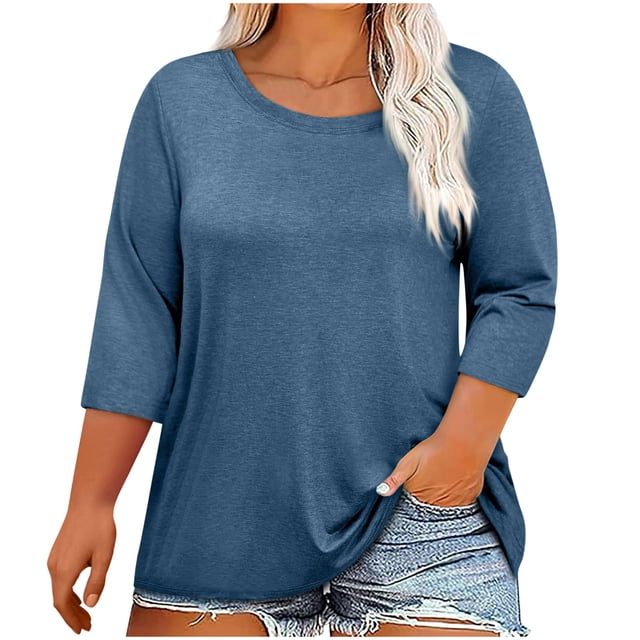 Plebaso Hauts Grande Taille pour Femmes Été Manches 3/4 Col Rond T-Shirts Décontractés Couleur Unie Tuniques Amples Blouses