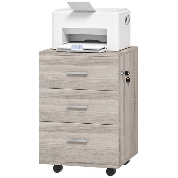 Vinsetto 3 Drawer File Cabinet with Lock and Wheels, Grey Wood Grain