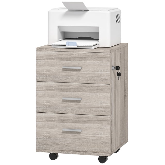 Vinsetto 3 Drawer File Cabinet with Lock and Wheels, Grey Wood Grain