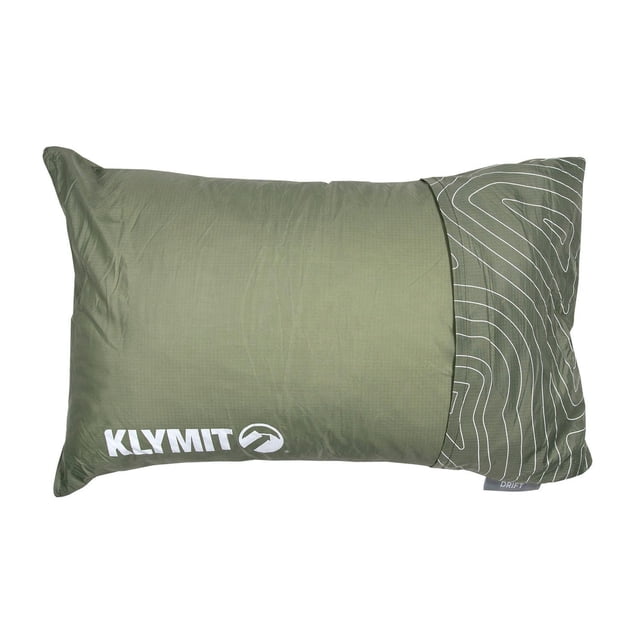 Klimit Oreiller de Camping Drift, Régulier - Vert, Oreiller de Voyage Rectangulaire avec une Coque Extérieure olive Résistante à l'Eau Mettant en Vedette un logo Klymit Blanc et un Motif Topographique à une Extrémité, Rempli de Mousse Mémoire Déchiquetée pour un Soutien Équilibré et un Confort, Conçu pour un Nettoyage Facile et la Commodité en Voyage.