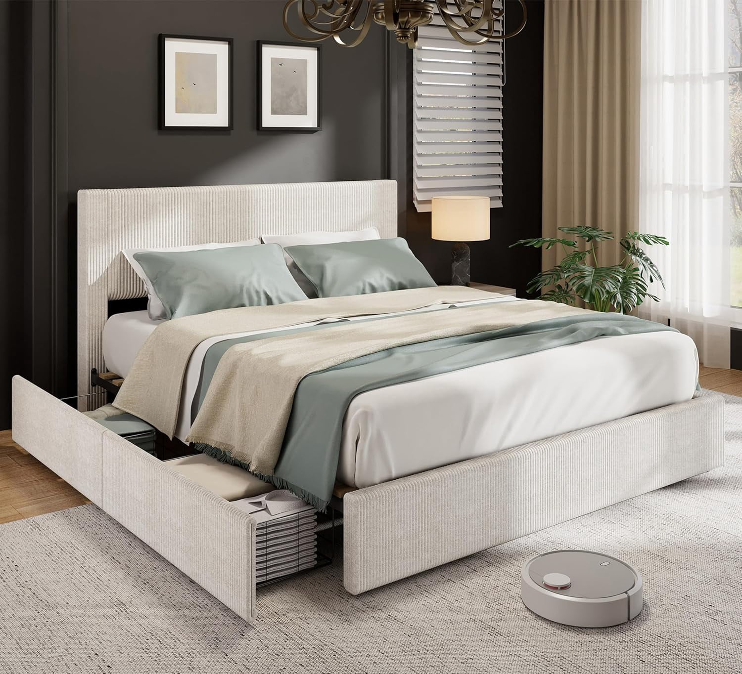 Twister.CK King Size Bed Frame with Tufted Headboard, Upholstered Platform Bed Frame with 4 Storage Drawers and Wooden Slats Support, No Box Spring Needed, Beige
