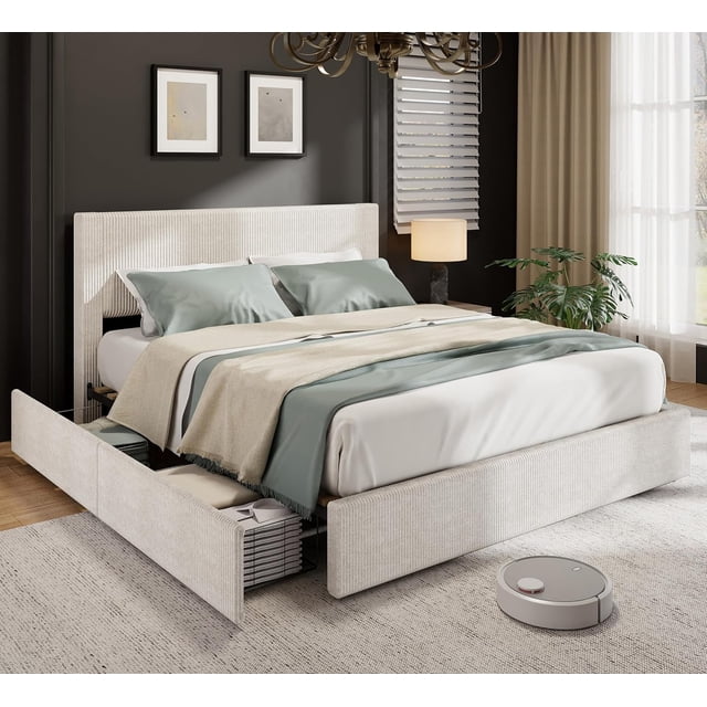 Twister.CK King Size Bed Frame with Tufted Headboard, Upholstered Platform Bed Frame with 4 Storage Drawers and Wooden Slats Support, No Box Spring Needed, Beige