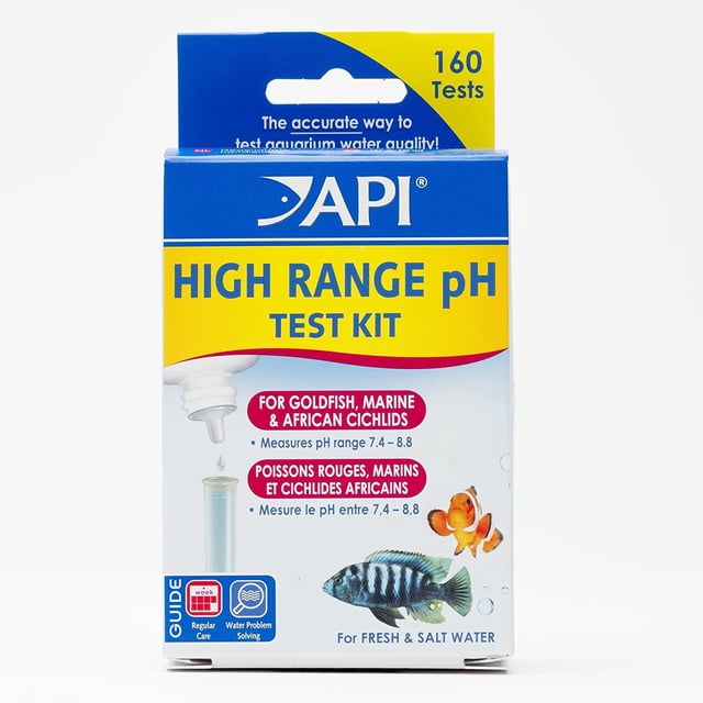 API High Range PH Aquatic Test Kit box with blue and yellow design, measuring pH range 7.4 to 8.8 for goldfish, marine, and African cichlids, suitable for fresh and saltwater aquariums, featuring a dropper bottle, glass test tube, and fish illustrations.