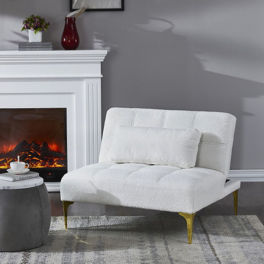 Convertible sofa bed, gold metal legs, teddy fleece fabric (white)