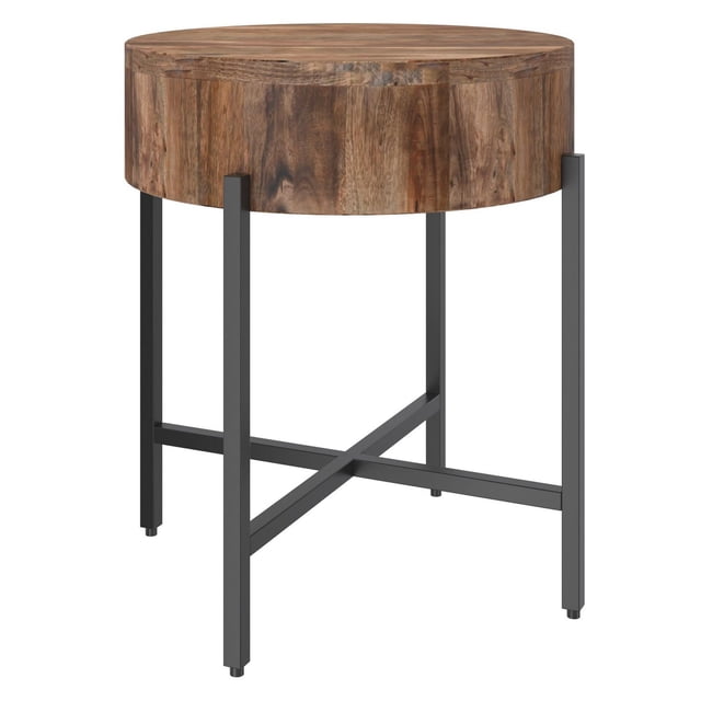Table d'Appoint Contemporaine en Bois Massif Naturel avec Dessus Rond en Bois de Manguier Massif Montrant des variations de grain et de Couleur Naturelles, Supportée par un Cadre à Base en X en Fer Noir pour un Soutien Robuste, Idéale comme Table d'Appoint de Salon, Accent de Chevet Ou Présentoir de Couloir.