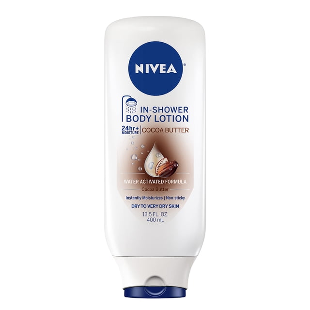 NIVEA cocoa Butter In Shower Lotion, Body Lotion for Dry Skin, 13.5 Fl Oz Bottle. The white bottle features a blue flip-top cap and branding, with text highlighting its water-activated formula, 24+ hour moisture, and non-sticky feel. Enriched with cocoa butter, it is designed for dry to very dry skin.