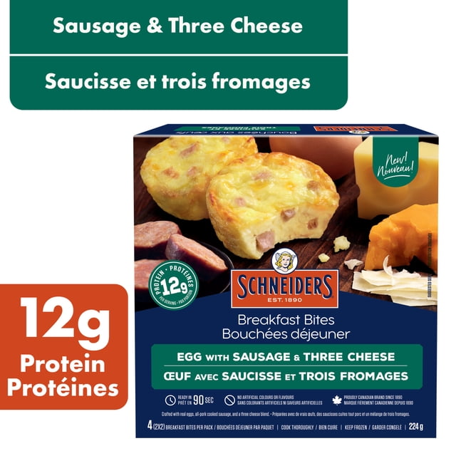 Schneiders Sausage & Three Cheese Breakfast Bites package showing two cooked egg bites with visible sausage pieces and melted three-cheese blend, highlighting 12g protein per serving and 90-second microwave readiness for a quick, protein-rich breakfast.