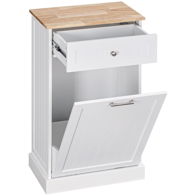 HOMCOM Armoire à Déchets Basculante avec structure en MDF Blanc et Plateau en Bois Naturel. Comprend une Porte Basculante pour le Rangement Dissimulé des Bacs à Ordures, un Tiroir Supérieur pour les Petits Essentiels de Cuisine et une Ancre Anti-Basculement pour la Sécurité. Convient aux Cuisines, aux Couloirs Ou aux Buanderies, Mesure 20,1 Pouces de long, 13,2 Pouces de Large et 35,4 Pouces de Haut. Est Souvent Utilisé comme Îlot de Cuisine compact pour une Fonctionnalité Accrue.
