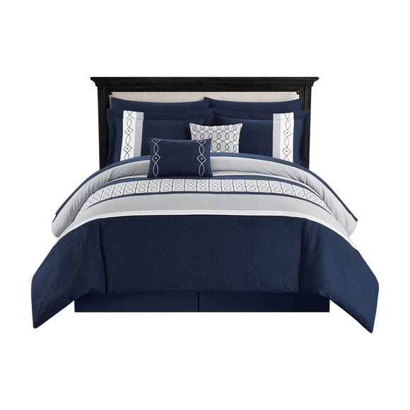 Chic Home Katrin Ensemble de Literie 20 Pcs Couette Blocs de Couleur Géométrique Brodé Sac Ensemble de Draps Taies d'Oreiller Habillages de Fenêtre Oreillers Décoratifs Couvre-Oreillers Inclus, Grand Lit, Bleu Marine
