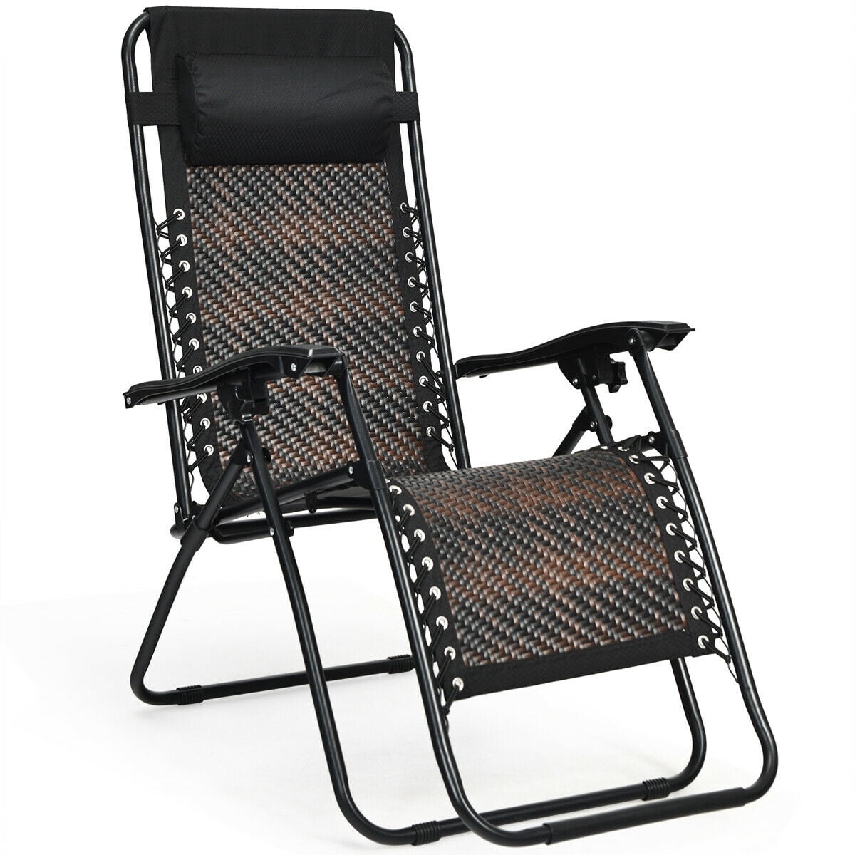 Patiojoy Fauteuil Inclinable Pliant de Patio en Rotin Brun Mélangé à Gravité Zéro avec Appuie-Tête
