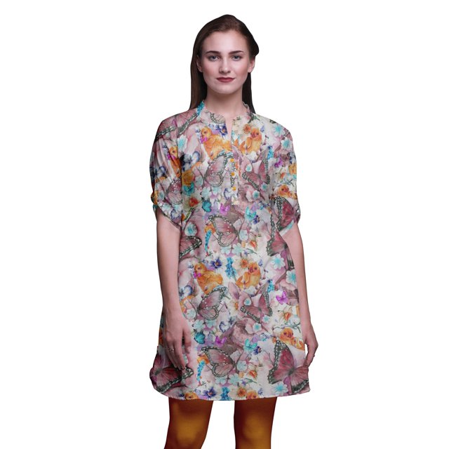 Bimba Kurti à Manches Retroussables pour Femmes, Col Mandarin Imprimé, Hauts de Kurti Courts