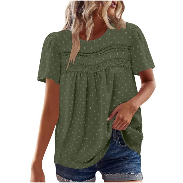 Styesk Hauts pour Femmes Femmes Décontracté Boho Haut Manches Courtes Été Col Rond Chemises Amples Dentelle Décontracté Blouses Unies