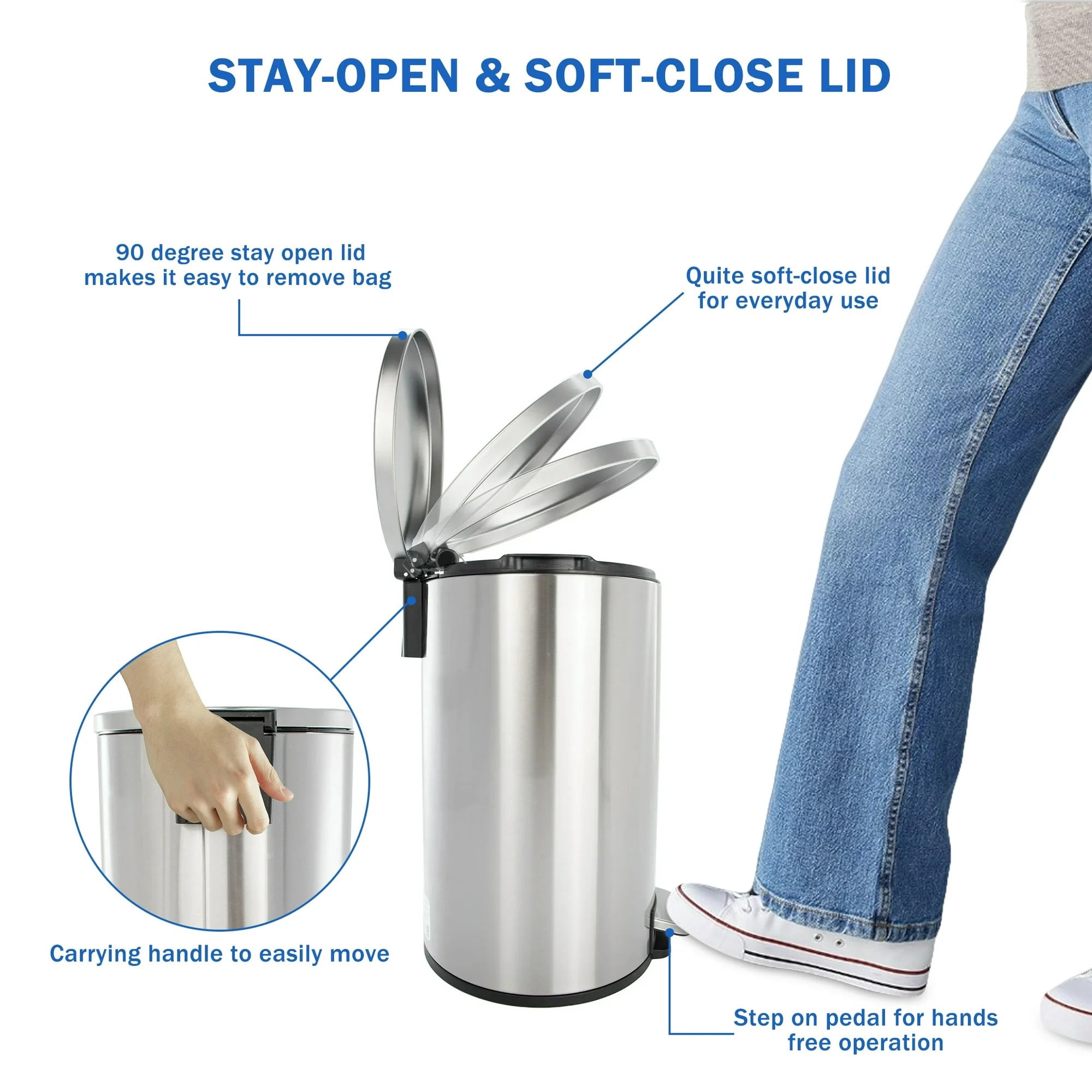 Poubelle de salle de bain Better Homes & Gardens, petite poubelle à pédale de 12 litres en acier inoxydable avec couvercle à fermeture douce, argentée