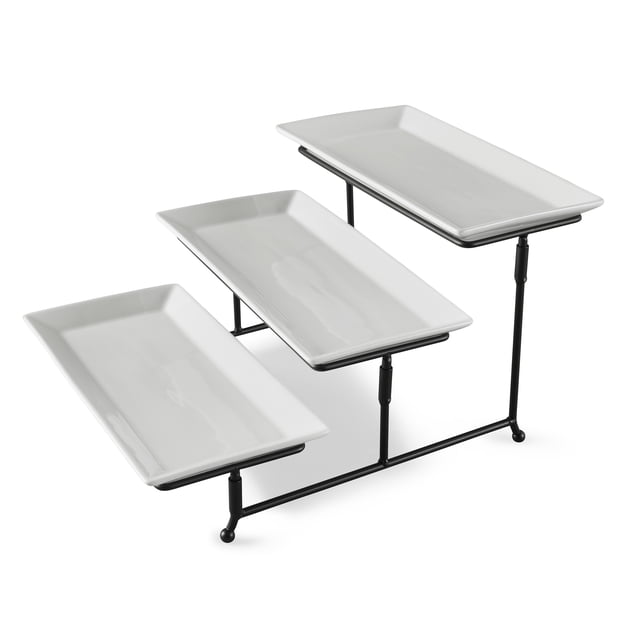 Better Homes & Gardens Ensemble à Étages avec Trois Plateaux de Service Rectangulaires en Porcelaine Blancs sur un Support à Étages en Métal Noir, Idéal pour Servir des hors-D'œuvre Ou des Collations pendant les Réceptions, avec des surfaces en Porcelaine Durables Faciles à Nettoyer.