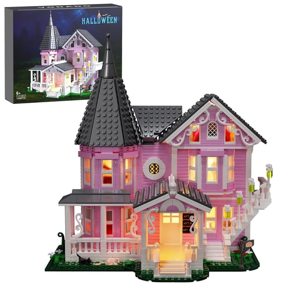 Ensemble de Construction de Maison Palais Rose avec Lumières, Jouet de Blocs de Maison Hantée d'Halloween, Kit de Maison d'Halloween pour Enfants et Adultes, Compatible avec Lego, Noël