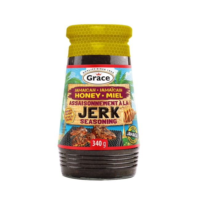 Grace Assaisonnement Jerk au Miel dans un Pot en Plastique Transparent de 340 g avec Couvercle Jaune à Motif Nid d'Abeilles, Présentant une Étiquette avec des Palmiers, image de Poulet Grillé et Texte Bilingue Mettant en Valeur l'Assaisonnement Jerk au Miel Jamaïcain Fait avec du Vrai Miel, Idéal pour Ajouter une Saveur Caribéenne Sucrée et Épicée aux Plats Grillés.