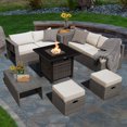 thumbnail image 2 of Patiojoy 9 Pieces Outdoor Patio Furniture Set with 32-Inch Propane Fire Pit Table Outdoor PE Wicker Space-Saving Sectional Sofa Set with Storage Box and Cushions Off White, 2 of 9