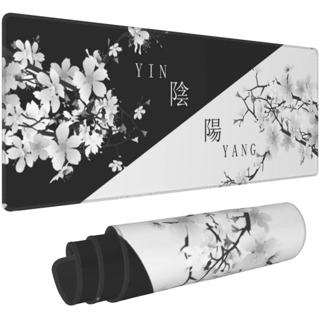 Japanese Black White Cherry Blossom Gaming Mouse Pad XL Extended Large Mousepad with Nonslip Rubber Base Stitched Edges Laptop Computer Keyboard Desk Mat for Office Home Gamer