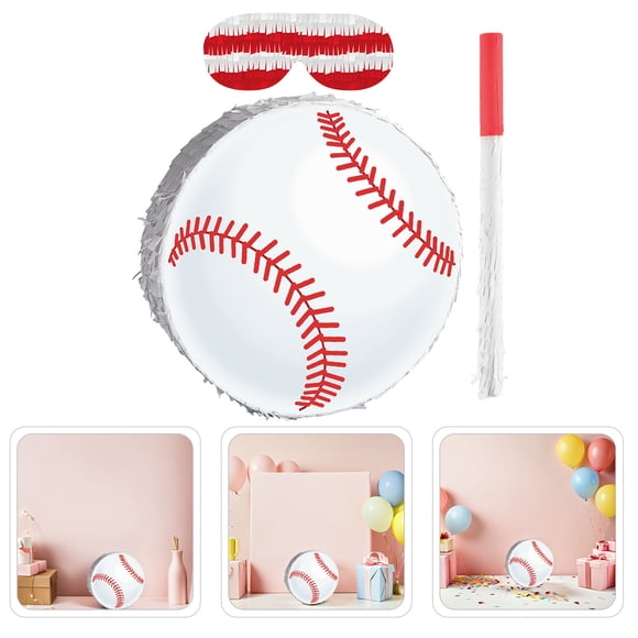 BRIGHTFUFU 1Set White Baseball Pinata Party Set with Stick and Eye Mask for Sport Themed Birthday Games
