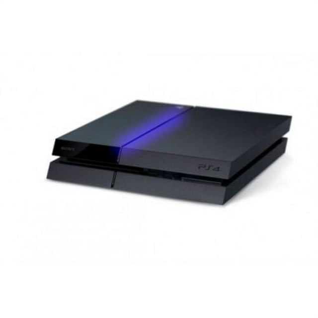 Refurbished Console SonyPS4 PlayStation 4 500GB - CUH-1115A - Device Only. A sleek black refurbished gaming console with a glowing blue light strip, offering immersive gaming and wide game compatibility. Features 500GB storage capacity for games and media. Controllers and accessories not included.