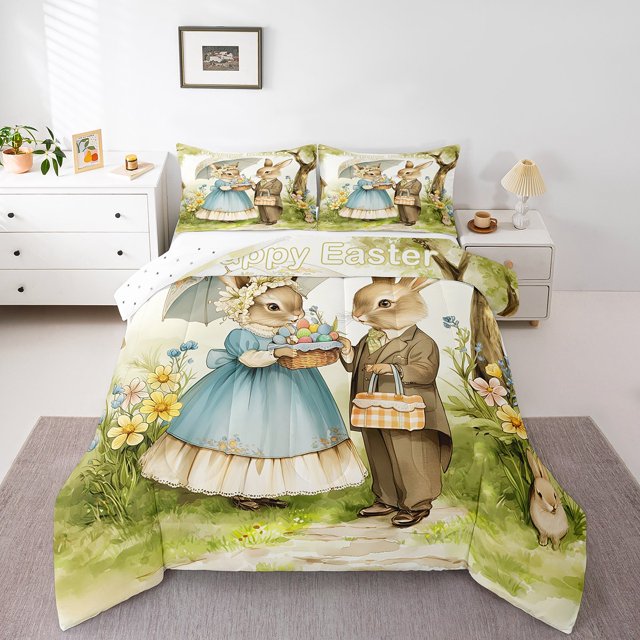 Erosebridal Easter Rabbit Comforter Sets Queen Size,Floral Eggs Bedding Queen Comforter Set,Kids Room Decorative,Reversible,Ultra Soft,3 Pieces