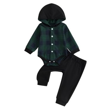 Honganda 0-24M Baby Boy 2 Pcs Outfit Plaid Long Sleeve Hooded Rompers Pants Set Fall Spring Clothes