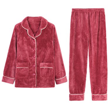 Teissuly Pyjama pour Femmes Automne et Hiver Épaissi Chaud en Velours Corail Manches Longues + Pantalon Usé Ensemble de Pyjama pour la Maison