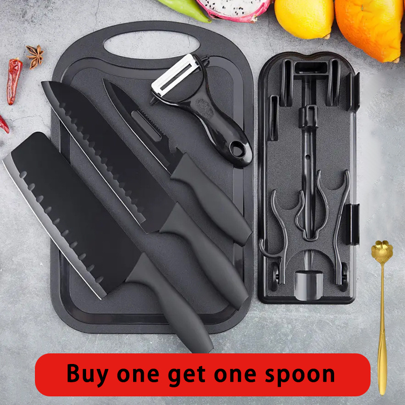 Black Non-Stick Stainless Steel Kitchen Knife Set with Cutting Board, Storage Block & Vegetable Peeler, Multi-Purpose Cooking Prep Tool Kit for Home Dorm Camping