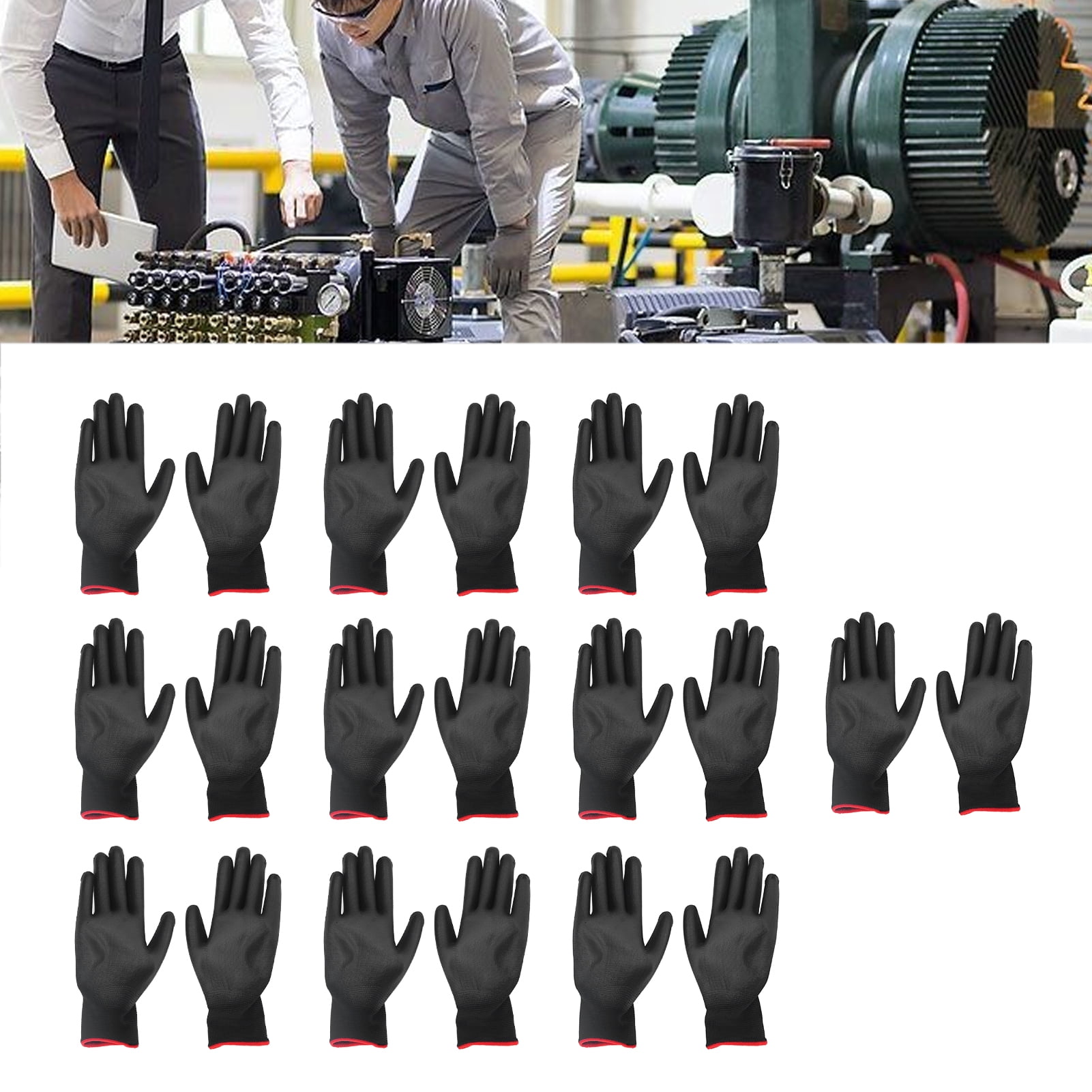 Work Gloves Men, Work Gloves Pack 10 Pairs Safety Work Gloves PU Coated Static Proof Nylon General Black with Red Edge for Lab, Electronic Workshop, Gardening